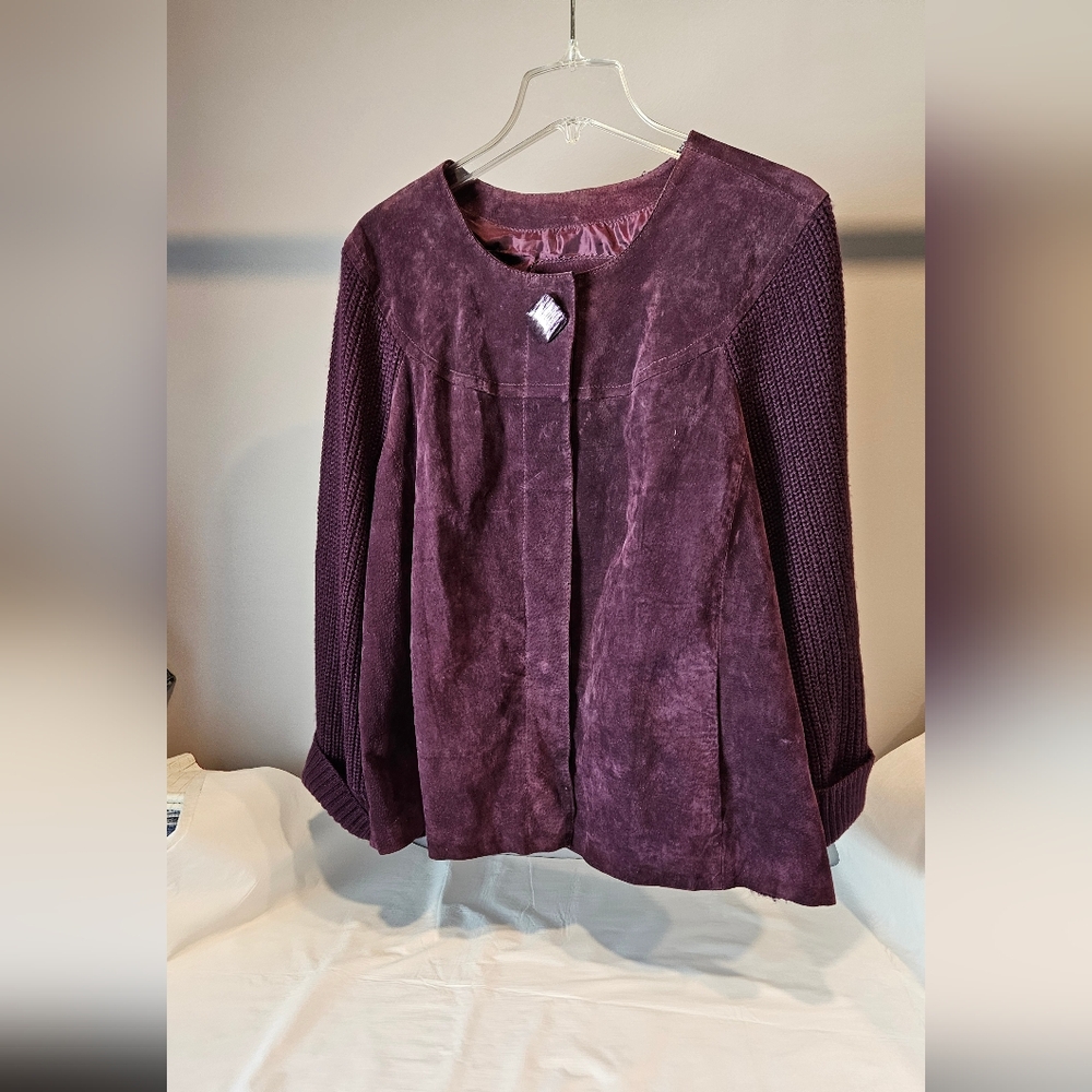 A.M.I jewel neck, purple suede jacket.